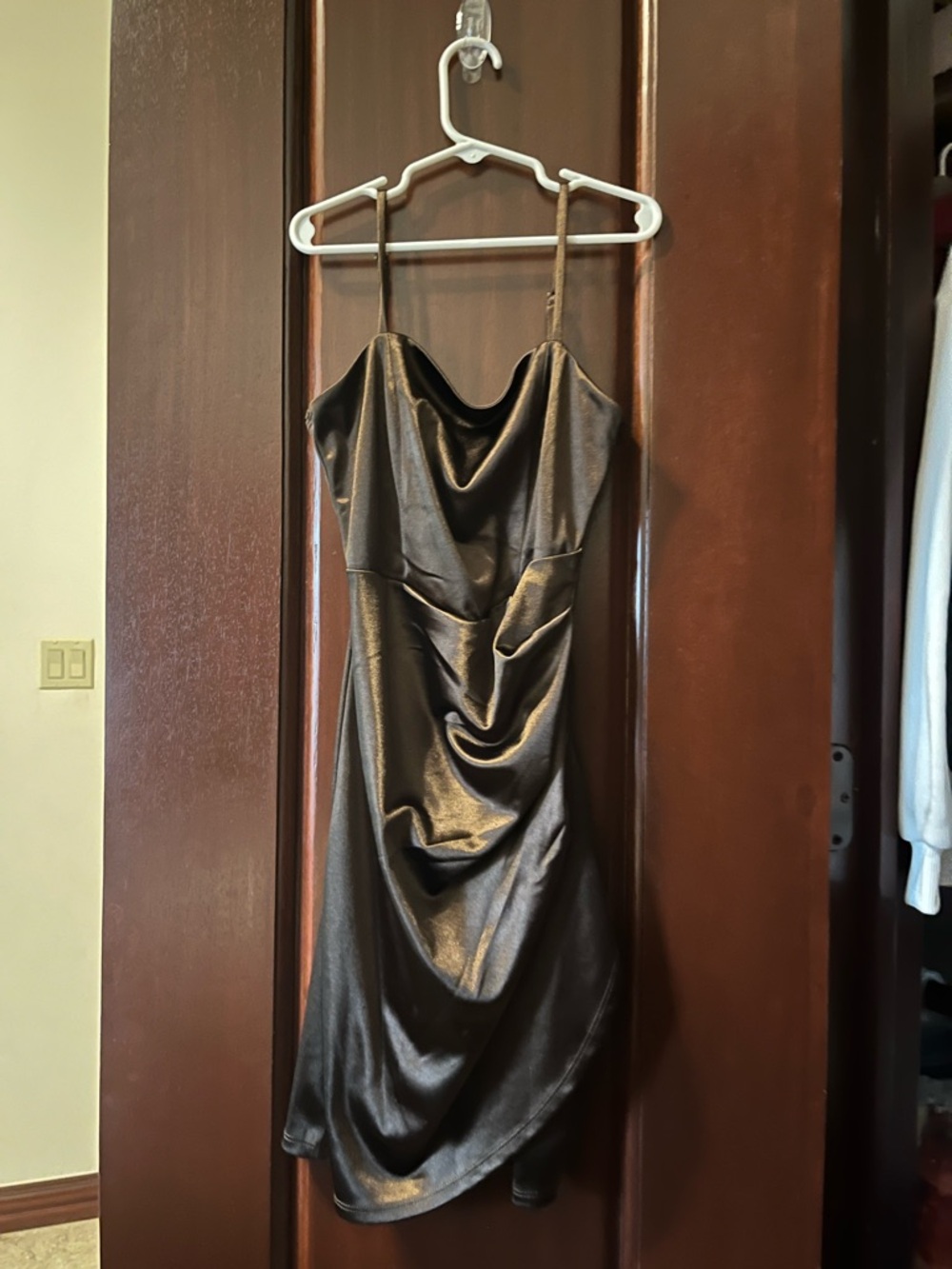 Emerald Sundae Metallic Brown Satin Cowl Mini Dress